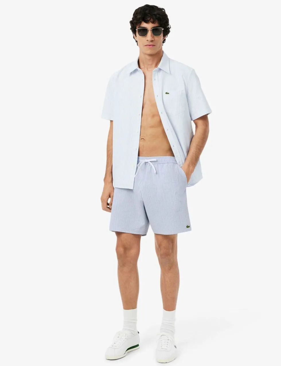 Mid Length Striped Textured Swim Trunks