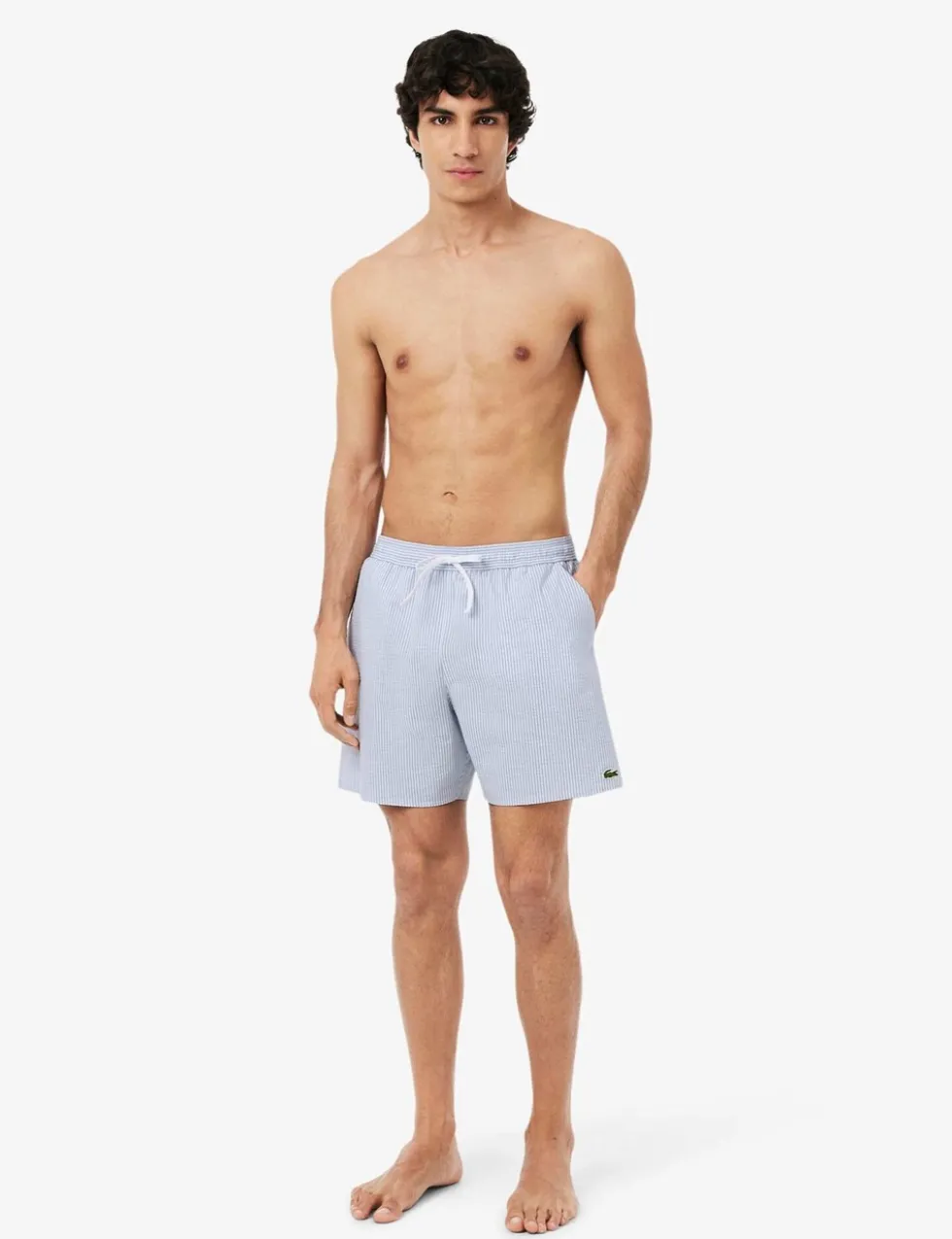 Mid Length Striped Textured Swim Trunks