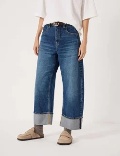 Mid Rise Barrel Leg Turn Up Jeans