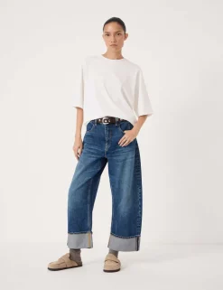 Mid Rise Barrel Leg Turn Up Jeans