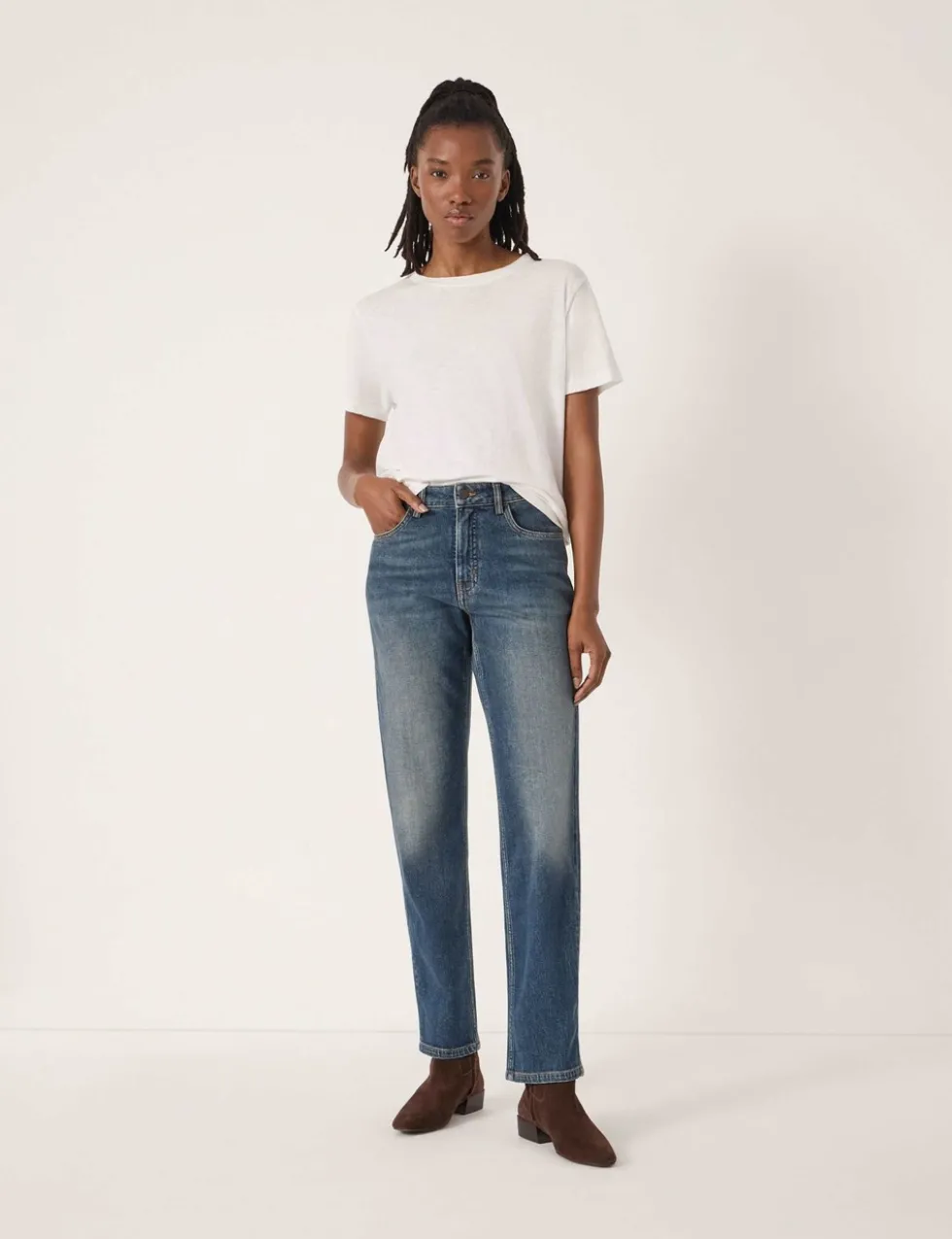 Mid Rise Straight Leg Turn Up Jeans