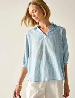 Nofino Cotton Rich Striped V-Neck Blouse
