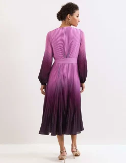 Ombre Plisse V-Neck Midi Waisted Dress