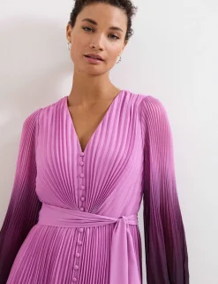 Ombre Plisse V-Neck Midi Waisted Dress