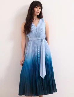 Ombre V-Neck Pleated Midi Skater Dress