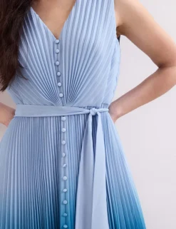Ombre V-Neck Pleated Midi Skater Dress