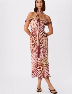 Orchid Print Scarf Detail Midi Dress