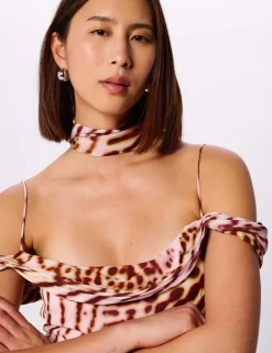 Orchid Print Scarf Detail Midi Dress