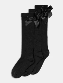 3p Cotton Rich Picot Knee High Bow Socks (6-8½ Small - 4-7 Large)