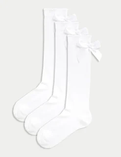 3p Cotton Rich Picot Knee High Bow Socks (6-8½ Small - 4-7 Large)