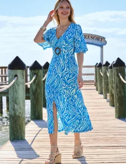 Paisley V-Neck Ring Front Angel Sleeve Midi Tea Dress