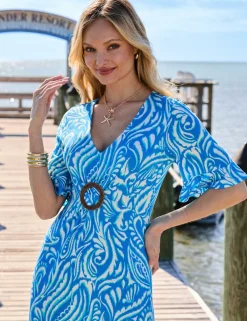 Paisley V-Neck Ring Front Angel Sleeve Midi Tea Dress