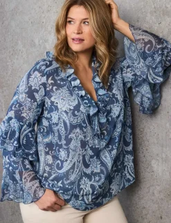 Paisley V-Neck Ruffle Blouse
