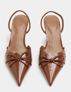 Patent Bow Cut Out Kitten Heel Pointed Slingback Shoes