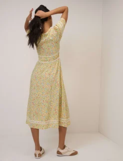 Patterned V-Neck Midi Waisted Dress