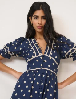 Patterned V-Neck Midi Waisted Dress
