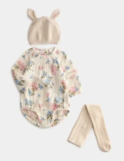 3pc Cotton Rich Floral Bodysuit with Hat and Tights (7lbs - 1Yrs)