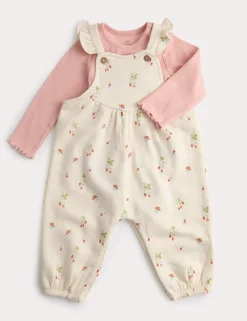 2pc Cotton Strawberry Ditsy Dungarees Outfit (0-3 Yrs)