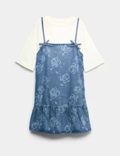 2pc Floral Print Denim Dress and Top (2-16 Yrs)