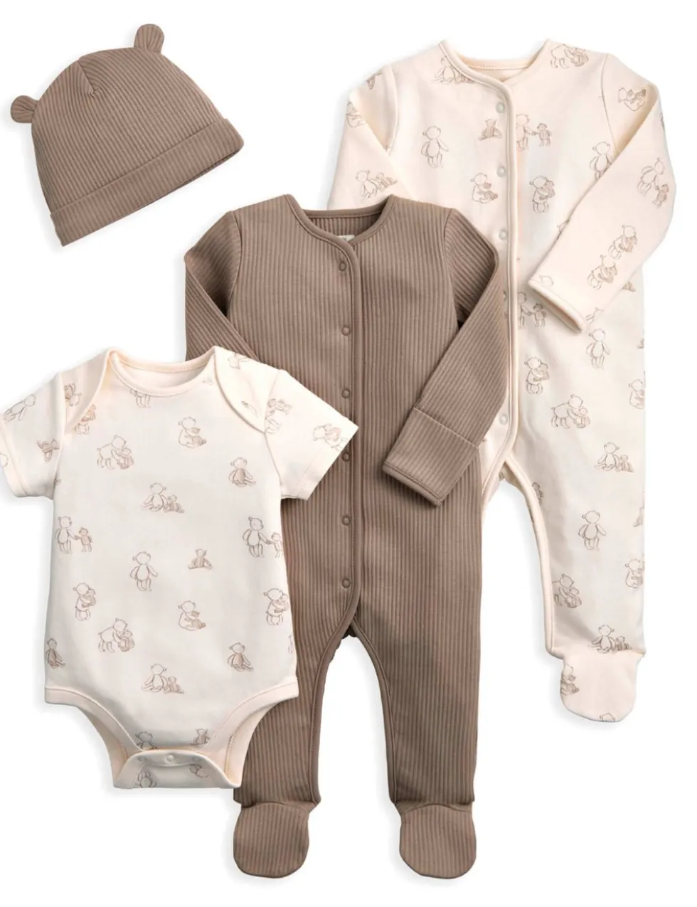 4pc Teddy Bear Bodysuit and Hat Set (0-9 Mths)