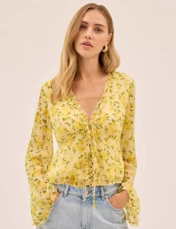 Petal Print V-Neck Flute Sleeve Top