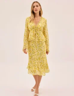 Petal Print V-Neck Flute Sleeve Top