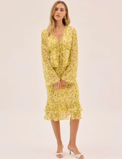 Petal Print V-Neck Flute Sleeve Top