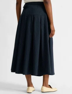 Pinstripe Belted Pleated Midi Skirt