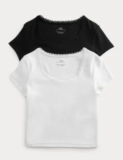 2pk Cotton Rich Lace Trim Baby T-Shirts (6-16 Yrs)