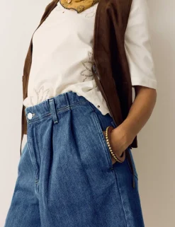 Pleat Front Denim Shorts