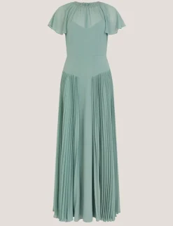 Pleated Angel Sleeve Maxi Skater Dress