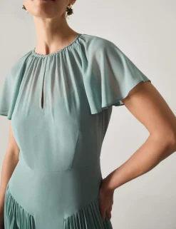 Pleated Angel Sleeve Maxi Skater Dress