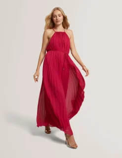 Pleated Halter Neck Maxi Waisted Dress