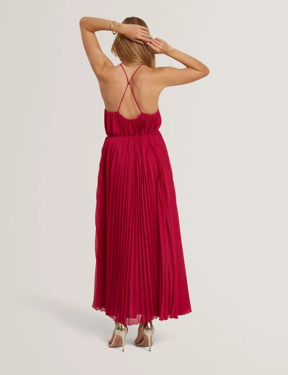 Pleated Halter Neck Maxi Waisted Dress
