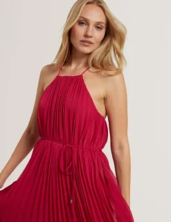 Pleated Halter Neck Maxi Waisted Dress