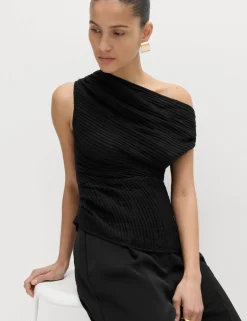 Plisse Asymmetric Neck Bardot Top