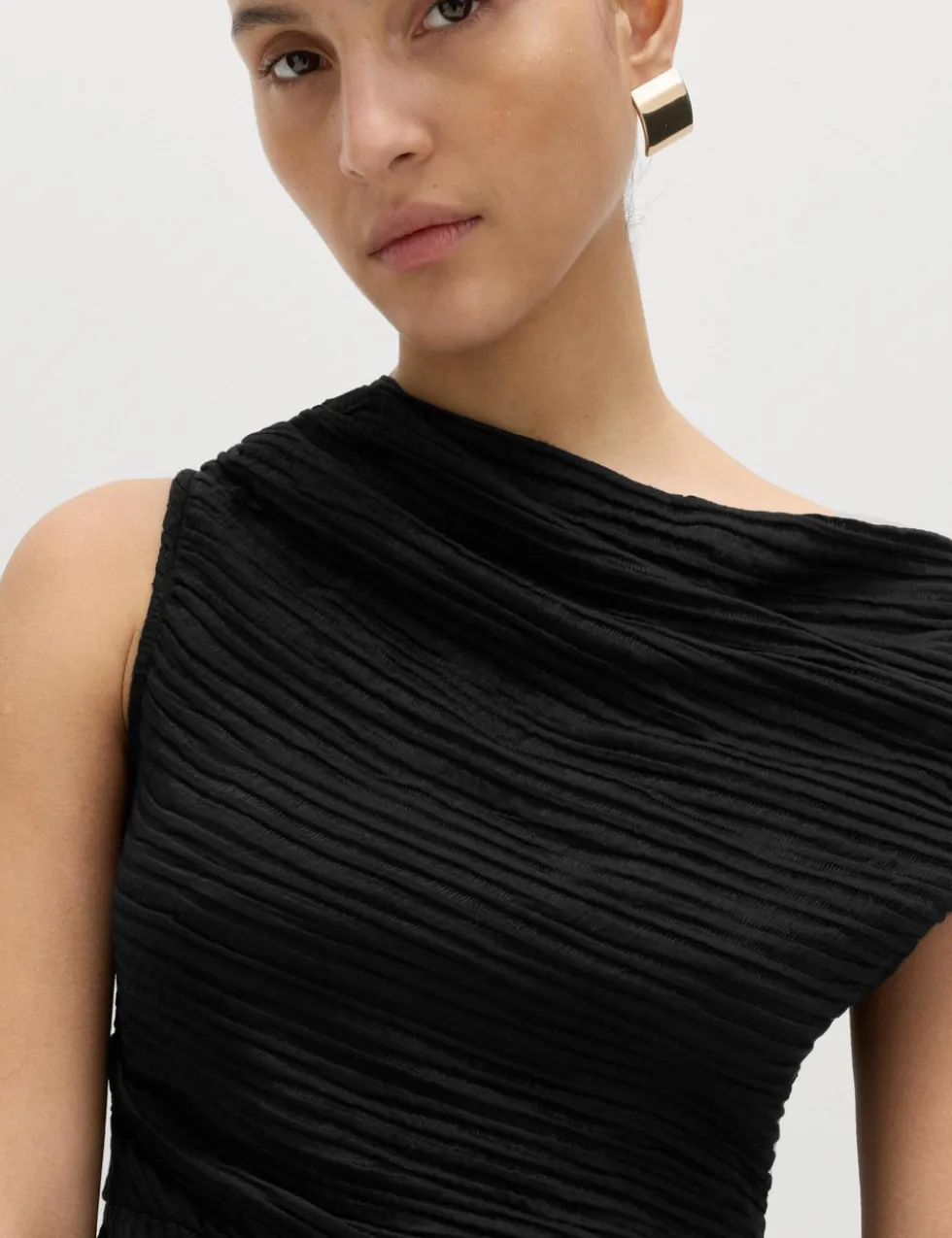 Plisse Asymmetric Neck Bardot Top