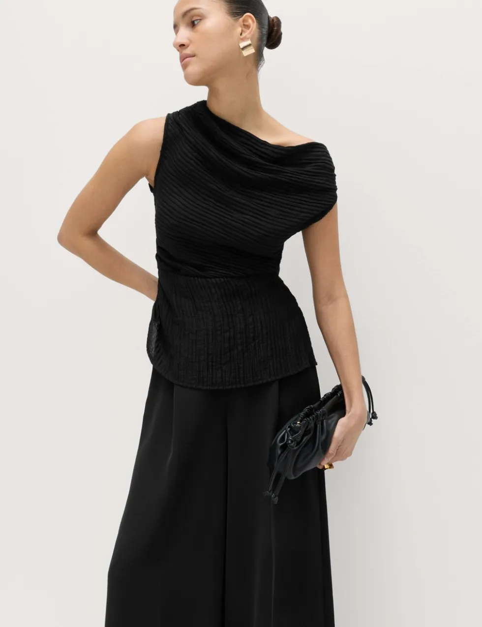Plisse Asymmetric Neck Bardot Top
