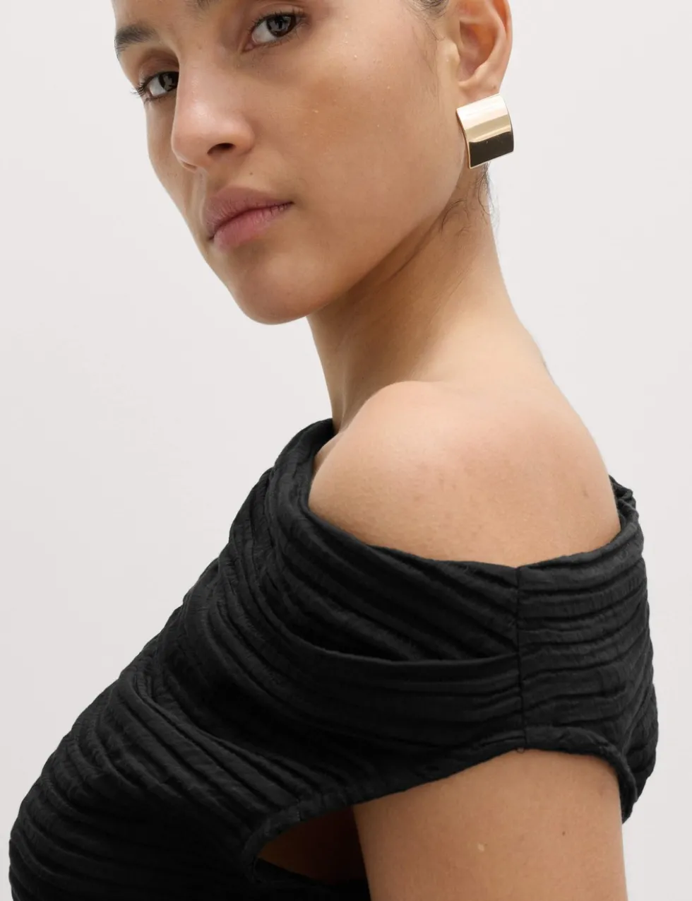 Plisse Asymmetric Neck Bardot Top