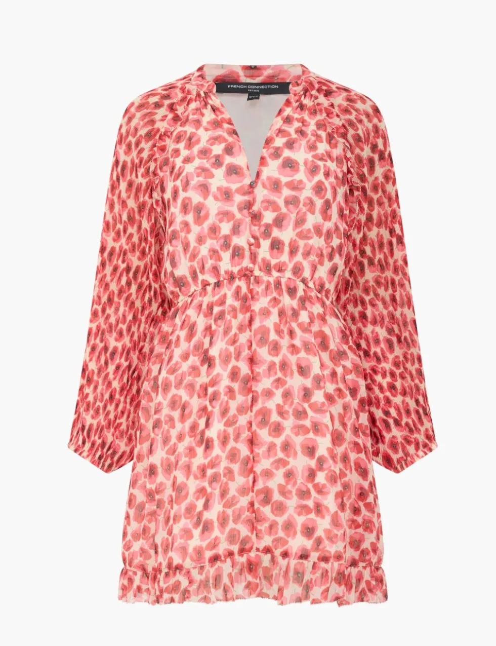 Plisse Floral V-Neck Ruffle Mini Shift Dress