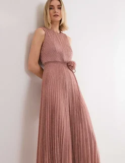 Plisse Metallic Midi Waisted Dress