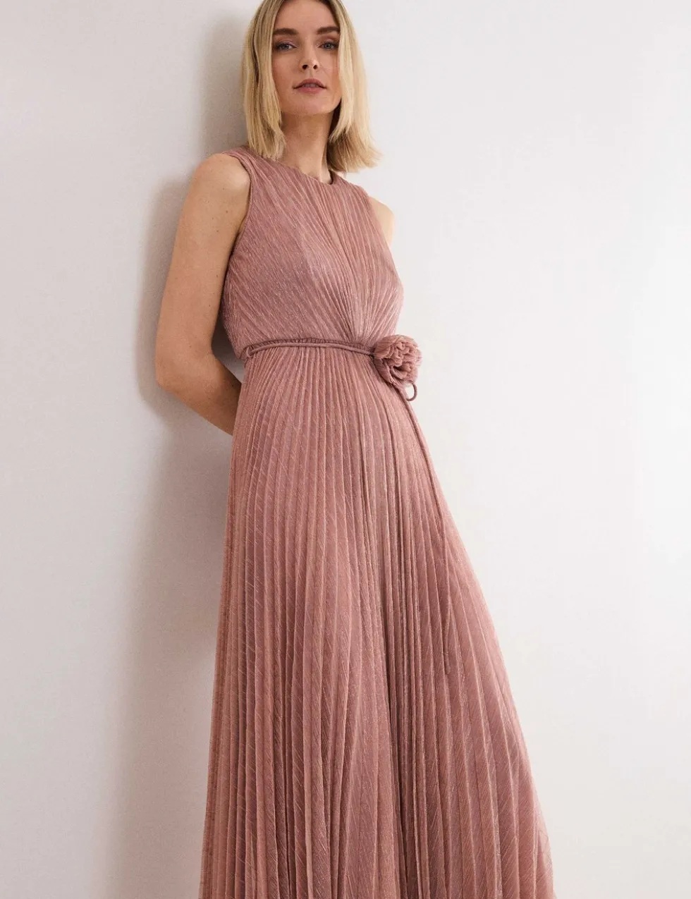 Plisse Metallic Midi Waisted Dress