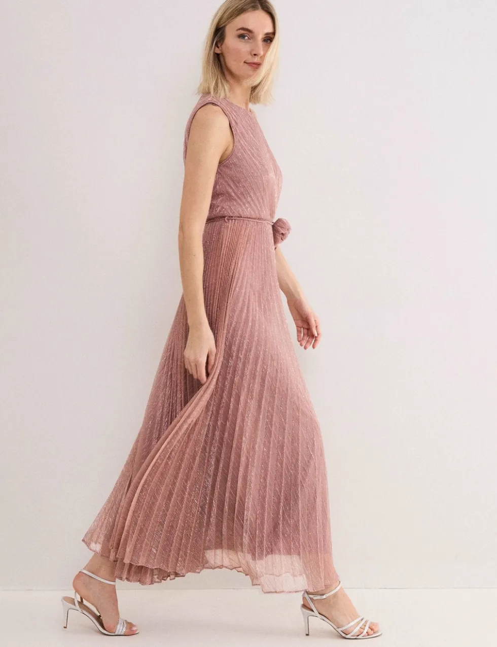 Plisse Metallic Midi Waisted Dress