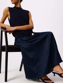 Plisse Pleated Midi Column Skirt