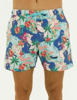 Pocketed Postcard Print Swim Shorts