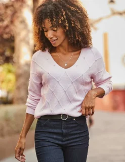 Pointelle Embellished V-Neck Relaxed Jumper