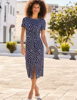 Polka Dot Crew Neck Midi Waisted Dress