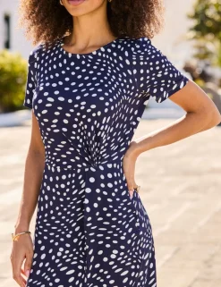 Polka Dot Crew Neck Midi Waisted Dress