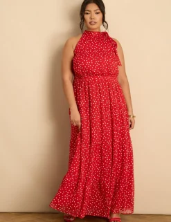 Polka Dot Halter Neck Maxi Waisted Dress