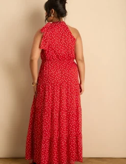 Polka Dot Halter Neck Maxi Waisted Dress